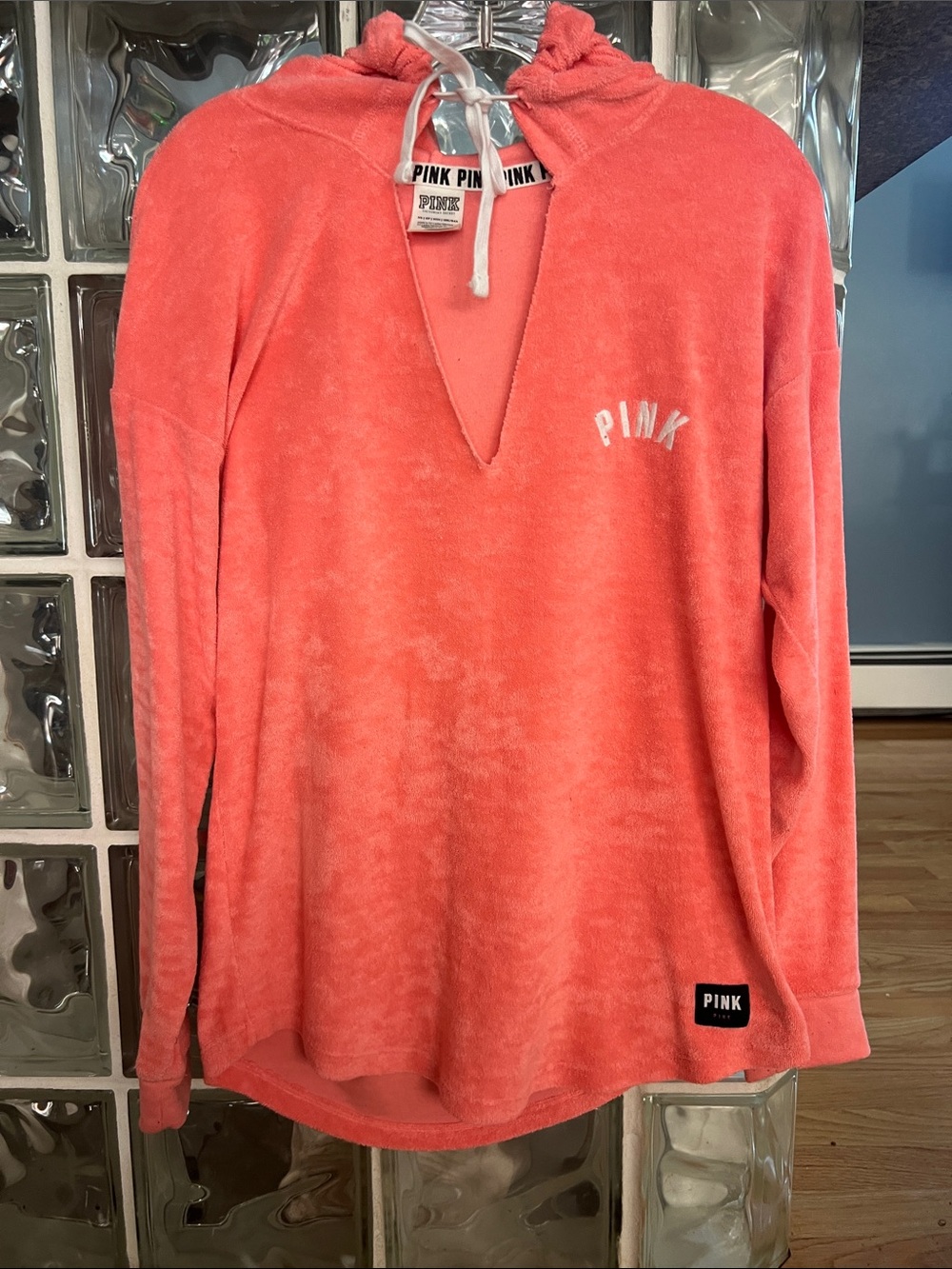 Victoria's Secret PINK Coral Plush Hoodie with White Drawstring